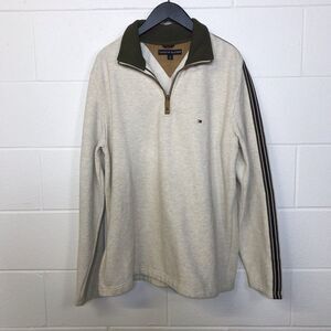 TOMMY HILFIGER Men's Cream 1/4 ZIp Long Sleeve Collared Pullover Flag Logo Sz L